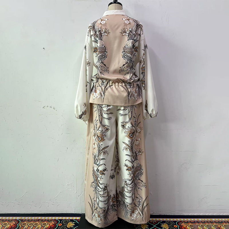 Fashion 3D Printed Floral Baseball Jacket and Drawstring Pants Two-Piece Set