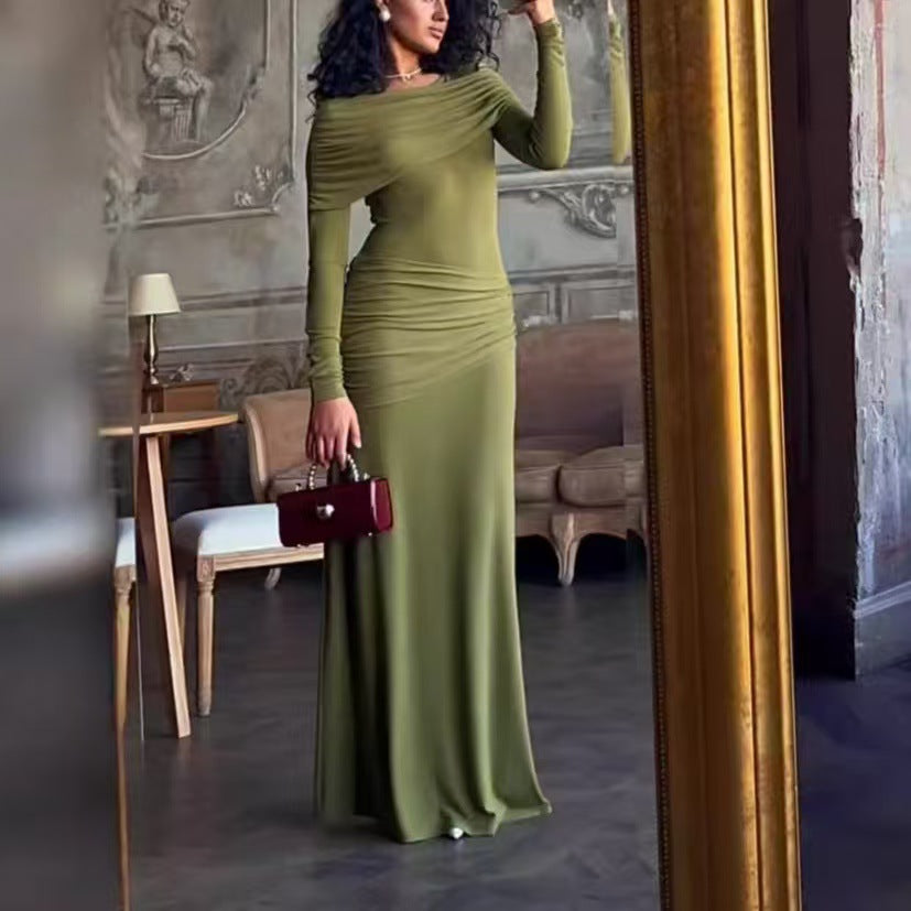 Women's Round Neck Design Pleated Waist Dress