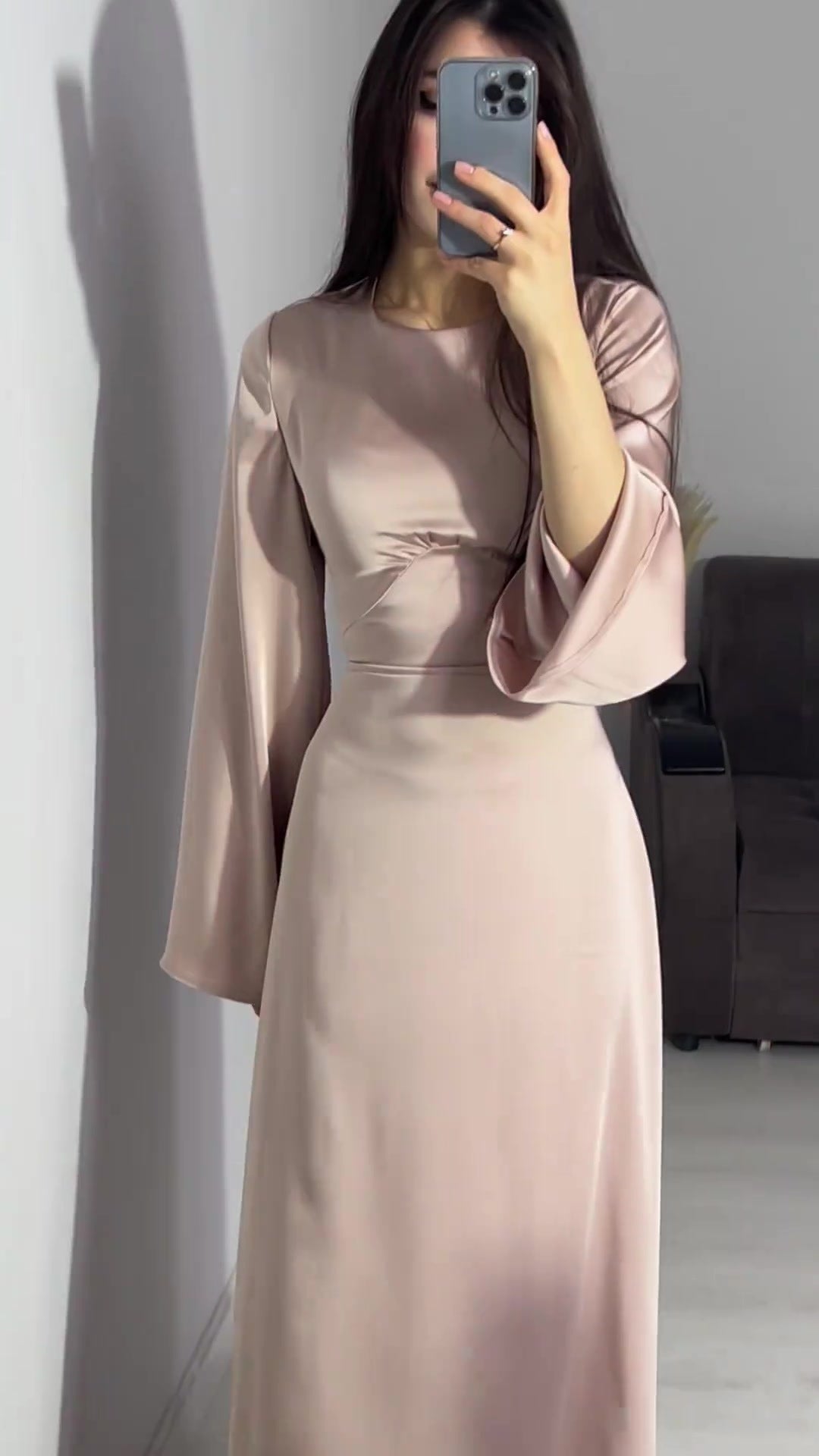 Spring New Waist-Cinching Slimming Tie Solid Color Long Sleeve Long Dress Elegant Women's Dress