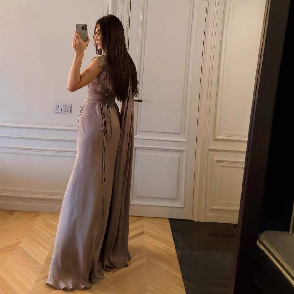 2025 Spring and Summer Pleated Ribbon Satin Evening Dress