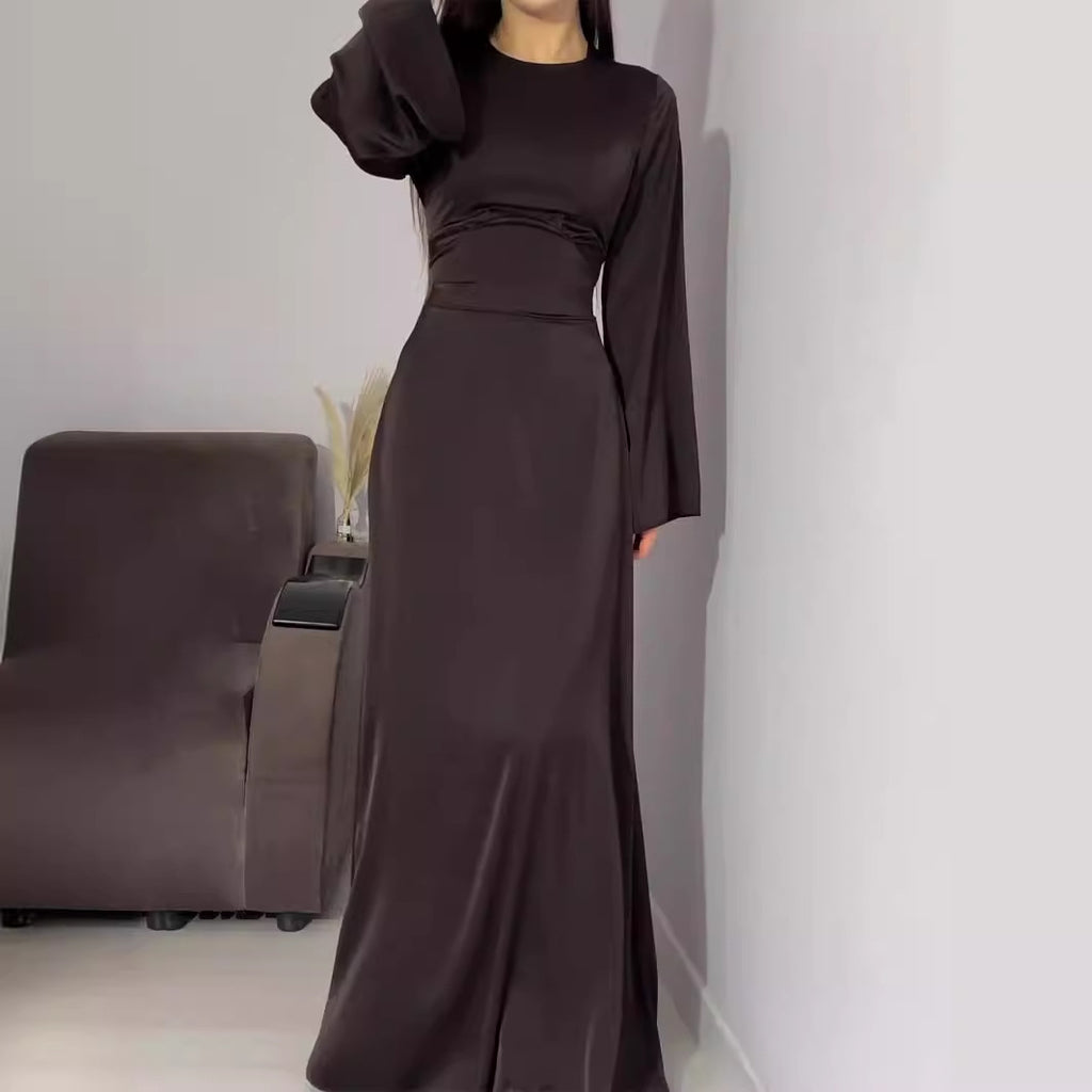Spring New Waist-Cinching Slimming Tie Solid Color Long Sleeve Long Dress Elegant Women's Dress