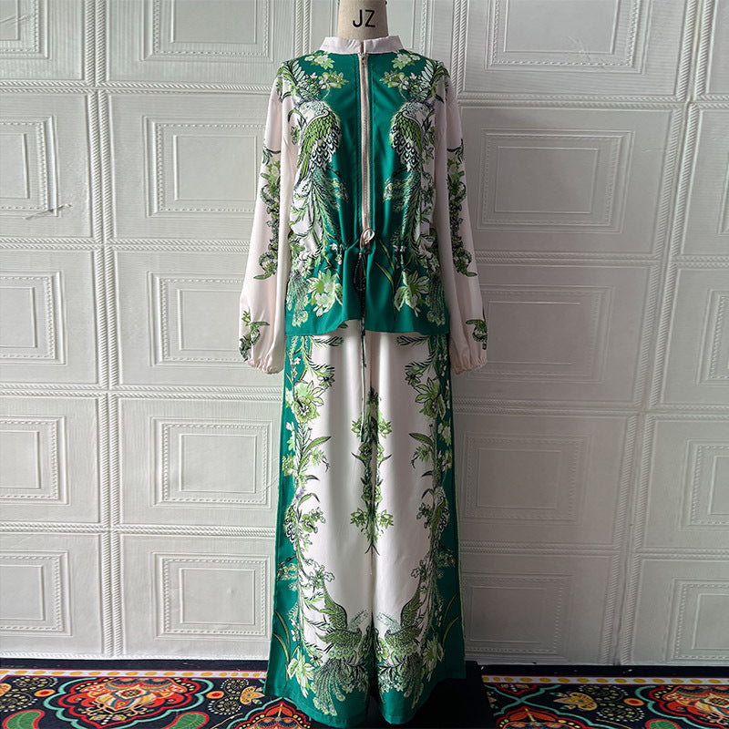 Fashion 3D Printed Floral Baseball Jacket and Drawstring Pants Two-Piece Set