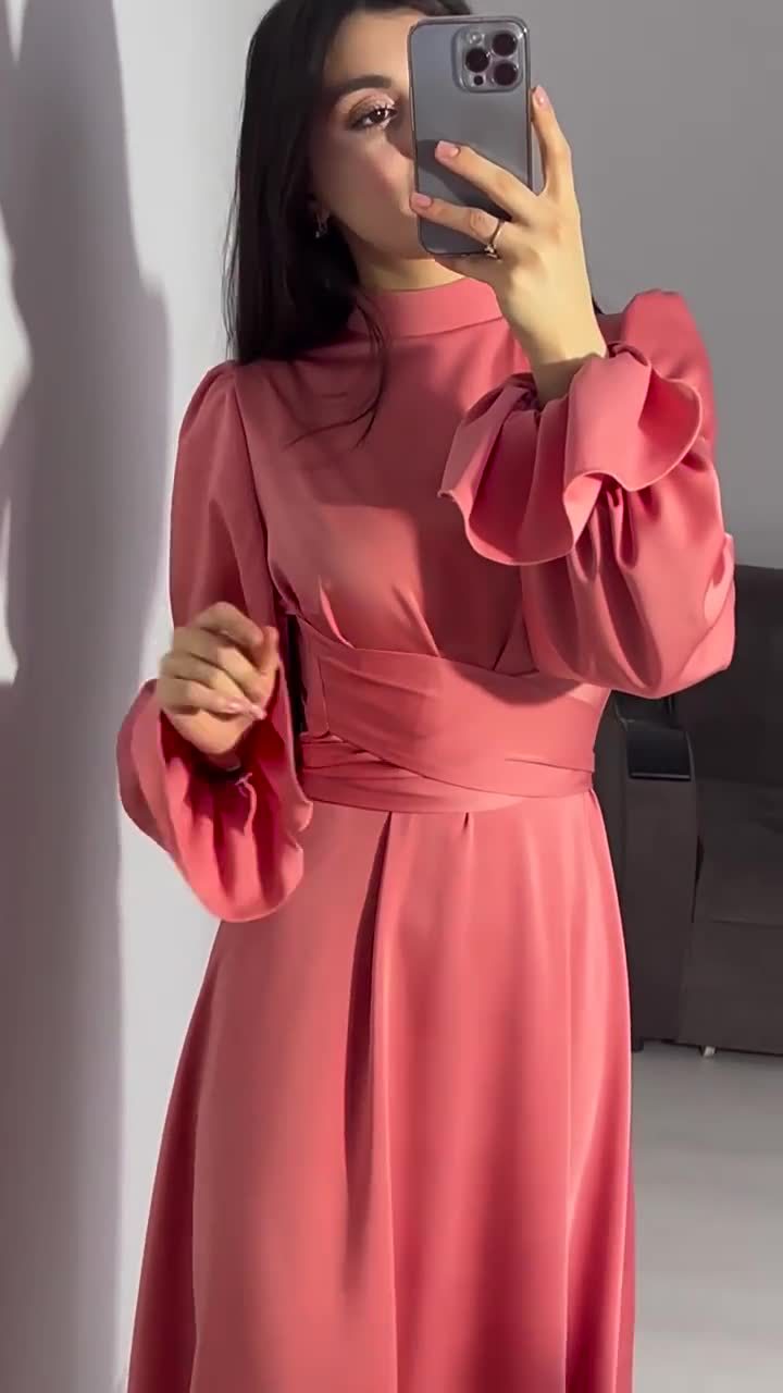Autumn New Long Sleeve Waist Cinched Puff Sleeve Solid Color Fairy Style Dress