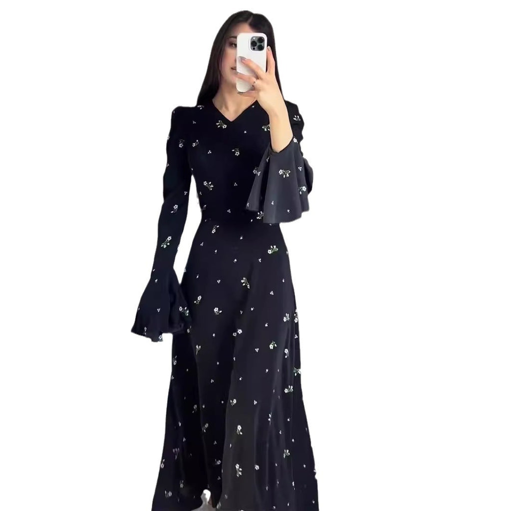 Spring New Ruffle Sleeve Waist-Cinching Floral Gentle Style Long Dress