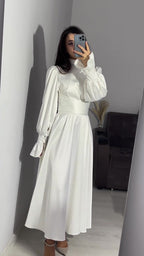 Autumn New Long Sleeve Waist Cinched Puff Sleeve Solid Color Fairy Style Dress