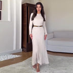 Women's Round Neck Long Sleeve Belted Waist Knitted Dress