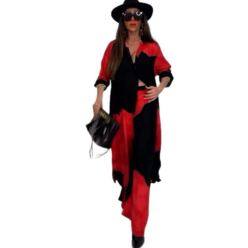 Elegant Sexy Printed Mid-Length Top and Wide-Leg Pants Two-Piece Set