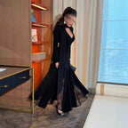 2025 Spring Summer Round Neck Patchwork Lace Long Sleeve Slim Fit Elegant Vintage Dress 