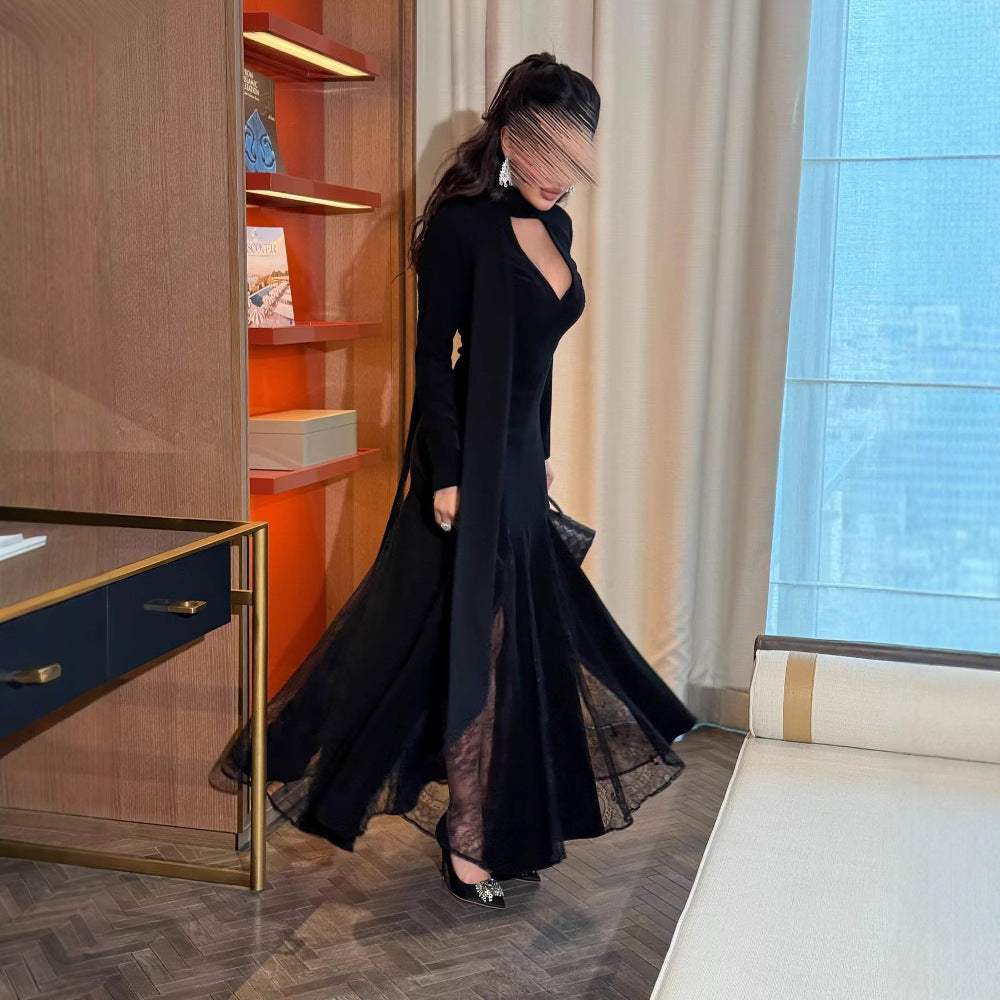 2025 Spring Summer Round Neck Patchwork Lace Long Sleeve Slim Fit Elegant Vintage Dress