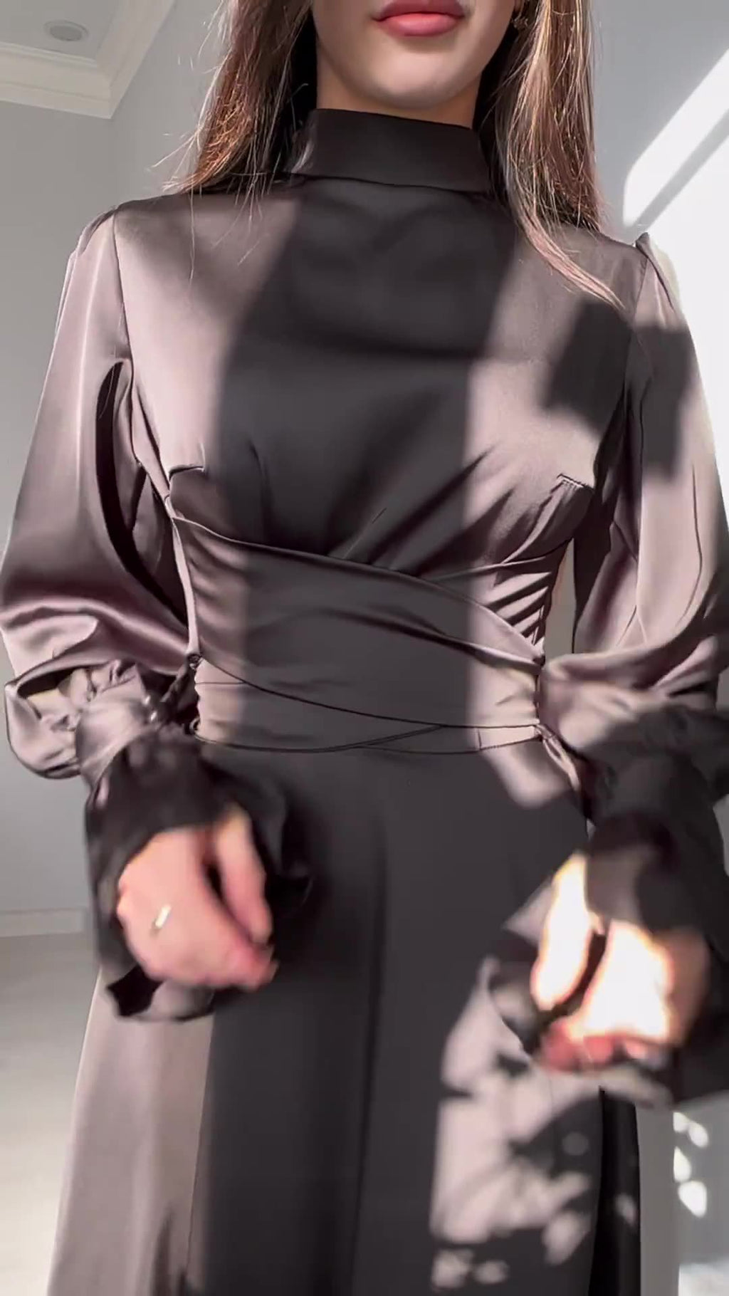 Autumn New Long Sleeve Waist Cinched Puff Sleeve Solid Color Fairy Style Dress