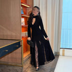 2025 Spring Summer Round Neck Patchwork Lace Long Sleeve Slim Fit Elegant Vintage Dress 