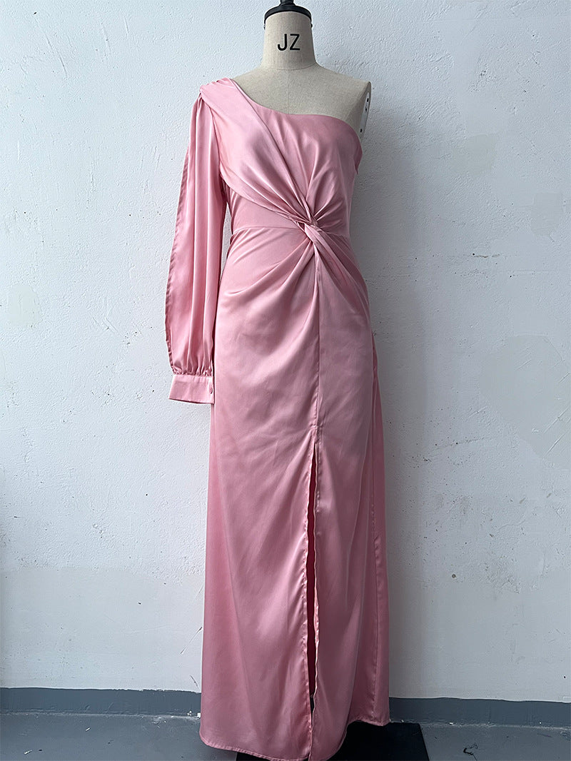 Women's Asymmetrical Neck Raglan Sleeve Ruched Waist Split Sexy Long Dress