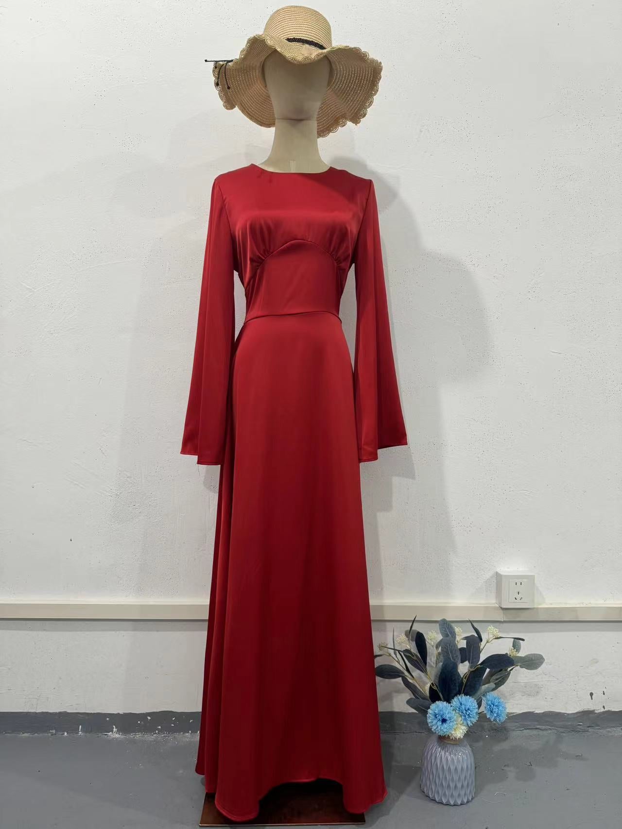 Spring New Waist-Cinching Slimming Tie Solid Color Long Sleeve Long Dress Elegant Women's Dress