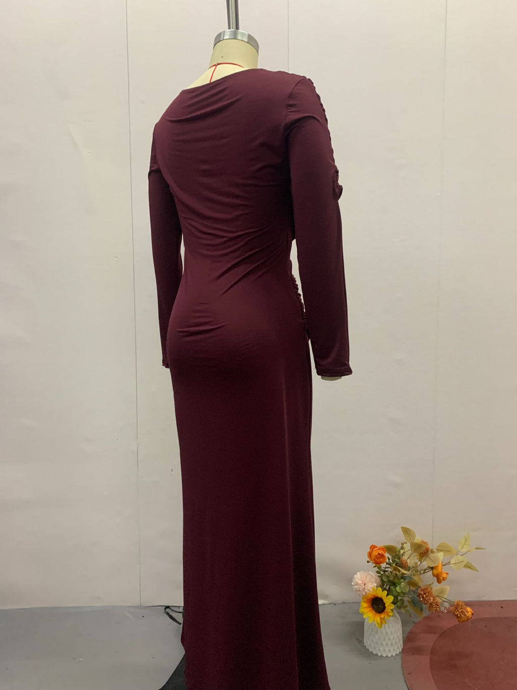 Women's Round Neck Design Pleated Waist Dress