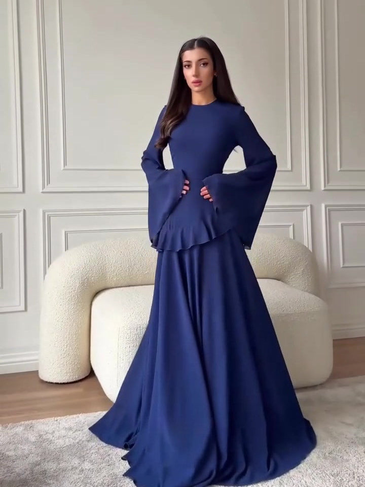 Elegant Solid Color Flared Sleeve Dress