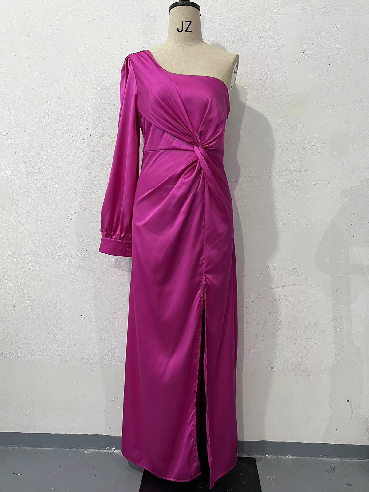 Women's Asymmetrical Neck Raglan Sleeve Ruched Waist Split Sexy Long Dress