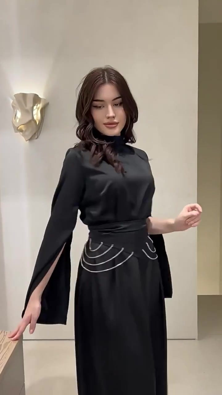 Spring New Cross-Border Palace Style Satin Waist-Cinching Elegant Half-High Collar Long Sleeve Dress