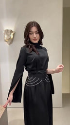 Spring New Cross-Border Palace Style Satin Waist-Cinching Elegant Half-High Collar Long Sleeve Dress