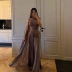 2025 Spring and Summer Pleated Ribbon Satin Evening Dress