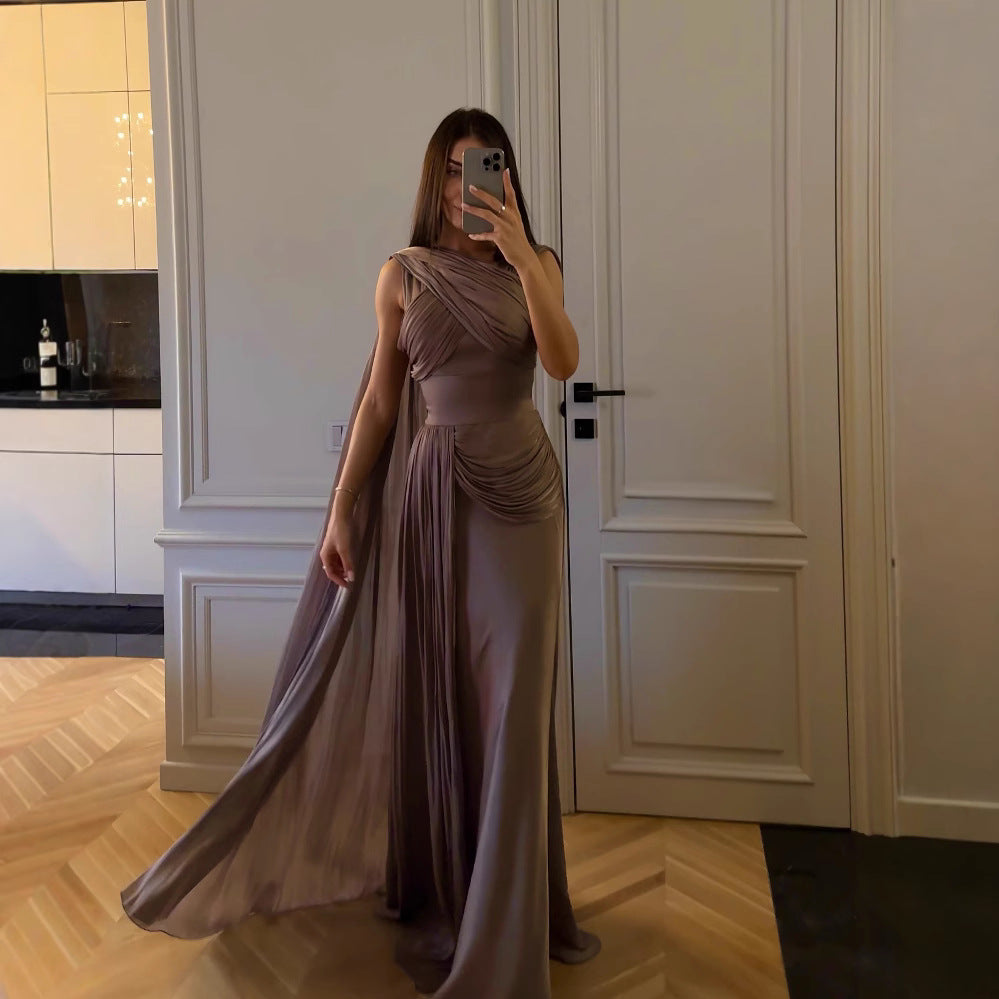 2025 Spring and Summer Pleated Ribbon Satin Evening Dress