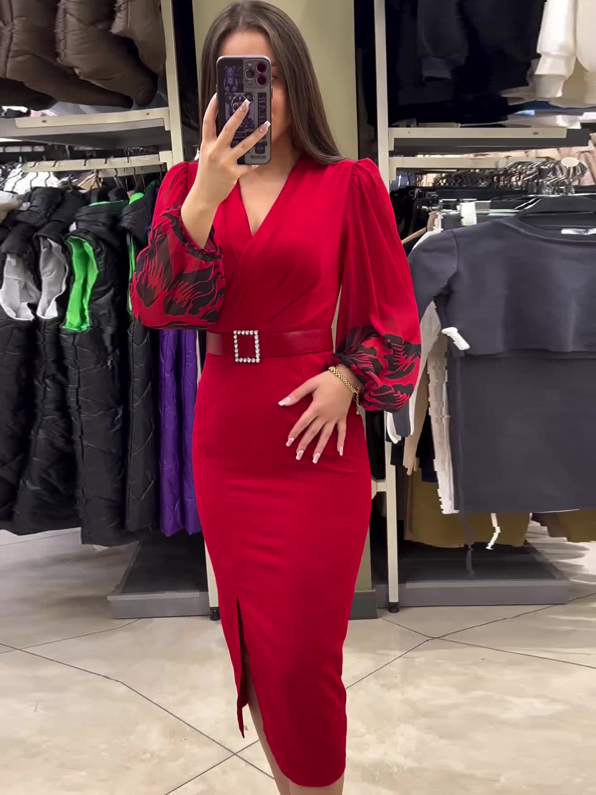 Women's V-neck Long Sleeve Printed Slim Waist Belt Split Dress