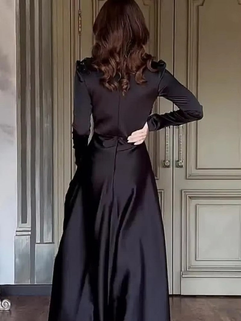 2025 Spring Solid Color Long Sleeve Slim Fit Lace Vintage Elegant Dress Gown 