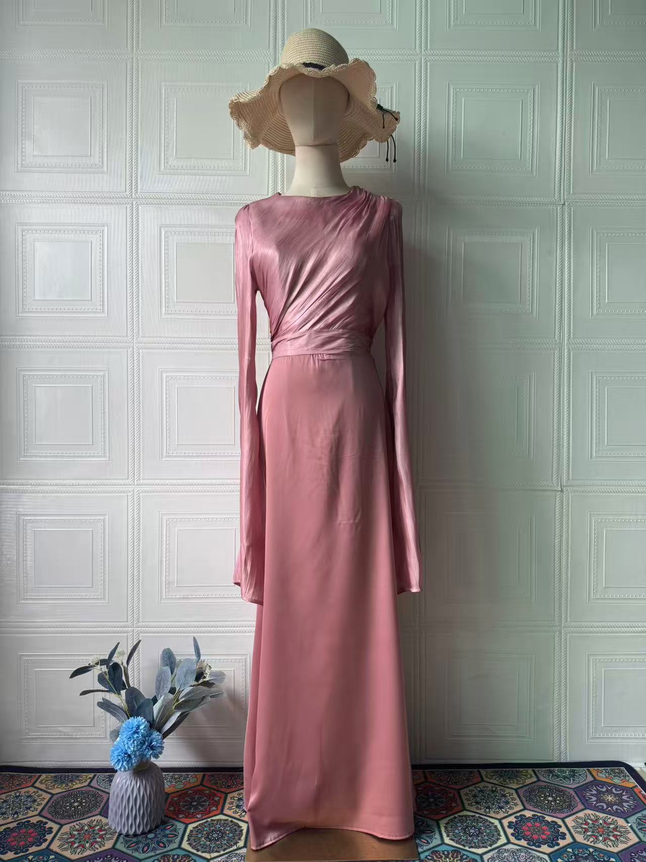 Summer Patchwork Glass Veil Long Sleeve Satin Slim Dress