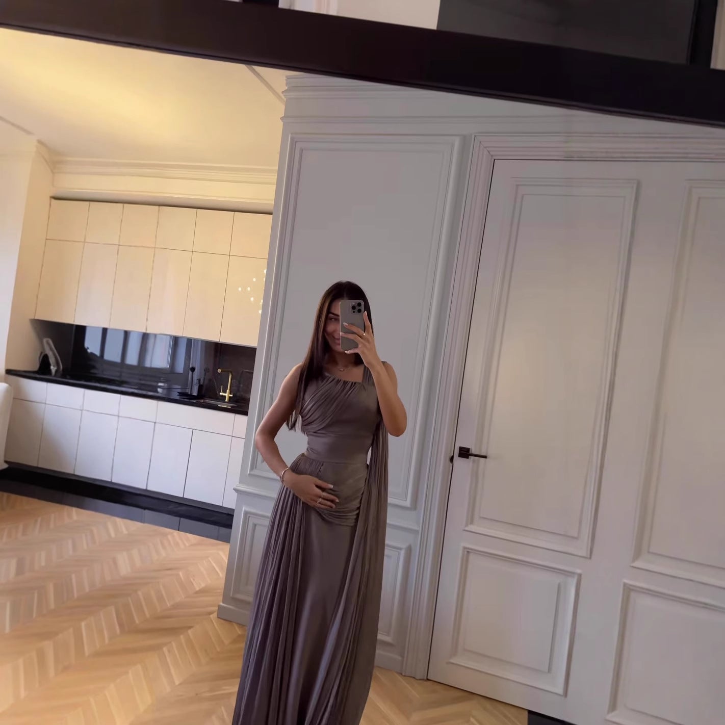 2025 Spring and Summer Pleated Ribbon Satin Evening Dress