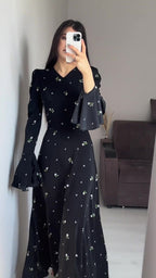Spring New Ruffle Sleeve Waist-Cinching Floral Gentle Style Long Dress