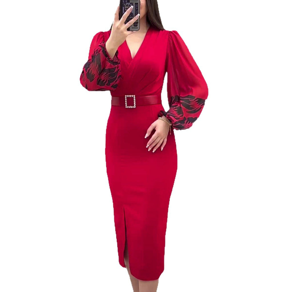 Women's V-neck Long Sleeve Printed Slim Waist Belt Split Dress