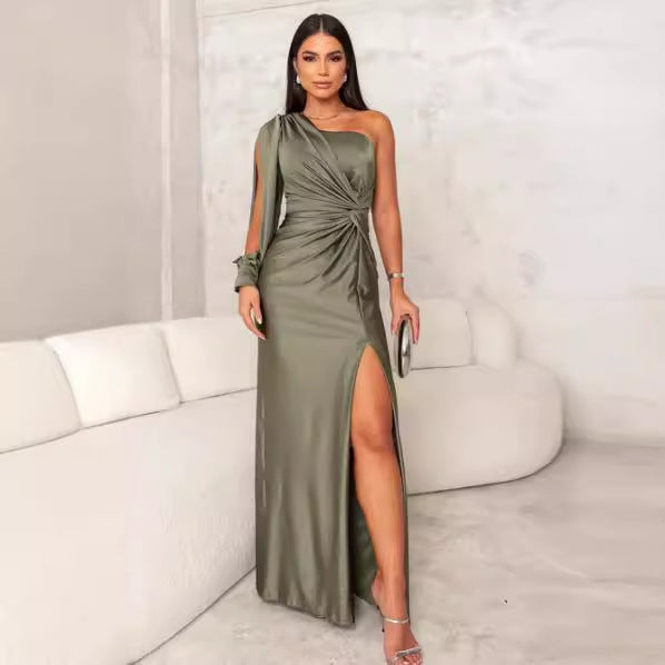 Women's Asymmetrical Neck Raglan Sleeve Ruched Waist Split Sexy Long Dress