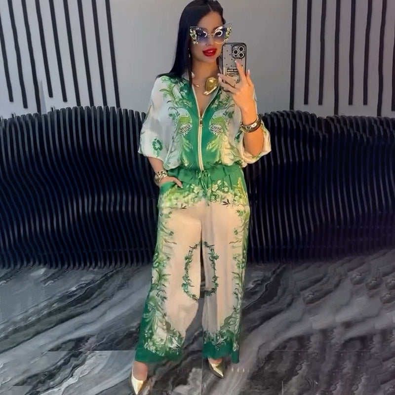 Fashion 3D Printed Floral Baseball Jacket and Drawstring Pants Two-Piece Set