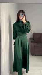 Autumn New Long Sleeve Waist Cinched Puff Sleeve Solid Color Fairy Style Dress