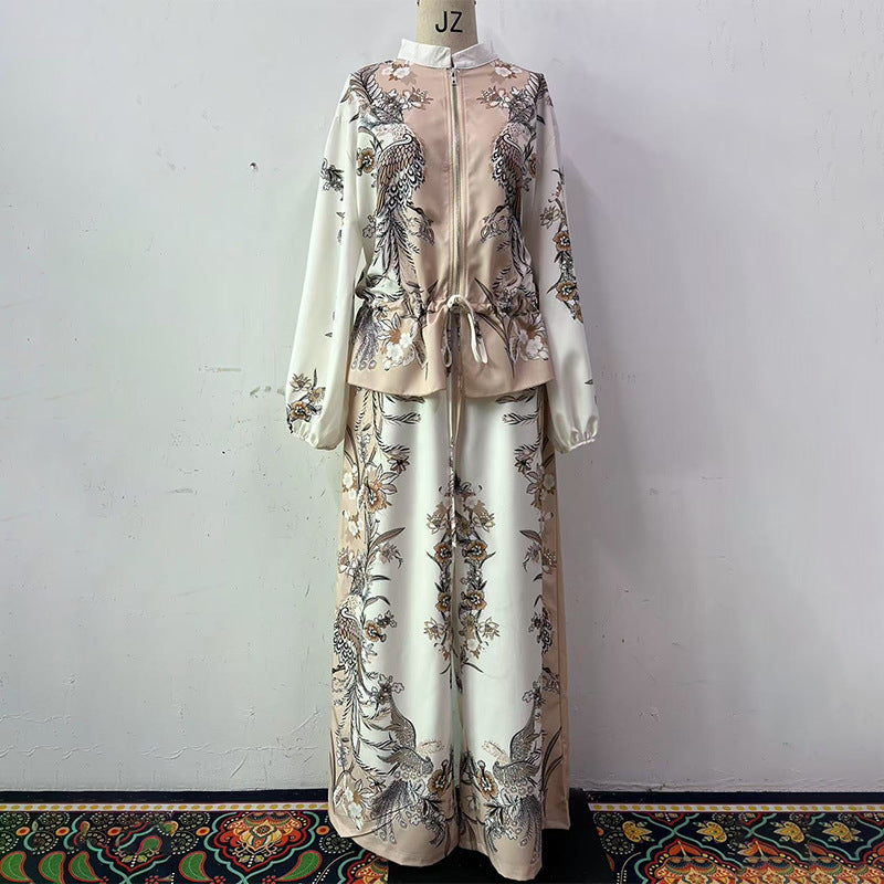 Fashion 3D Printed Floral Baseball Jacket and Drawstring Pants Two-Piece Set