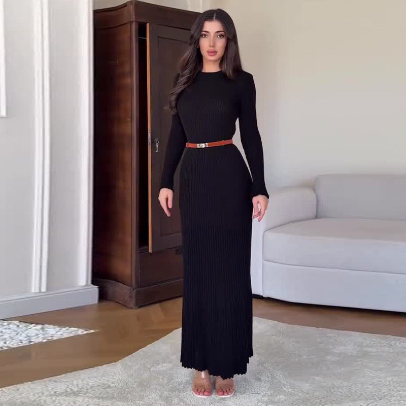 Women's Round Neck Long Sleeve Belted Waist Knitted Dress