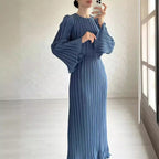 Women's Autumn New Long Dress Elegant Pleated Flared Sleeve Mid-Length Dress