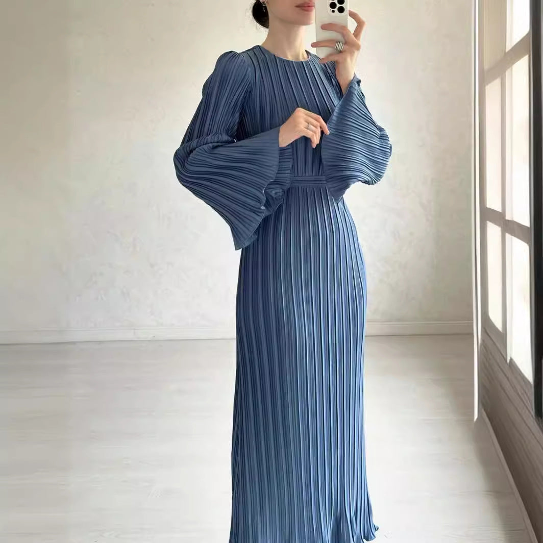 Women's Autumn New Long Dress Elegant Pleated Flared Sleeve Mid-Length Dress