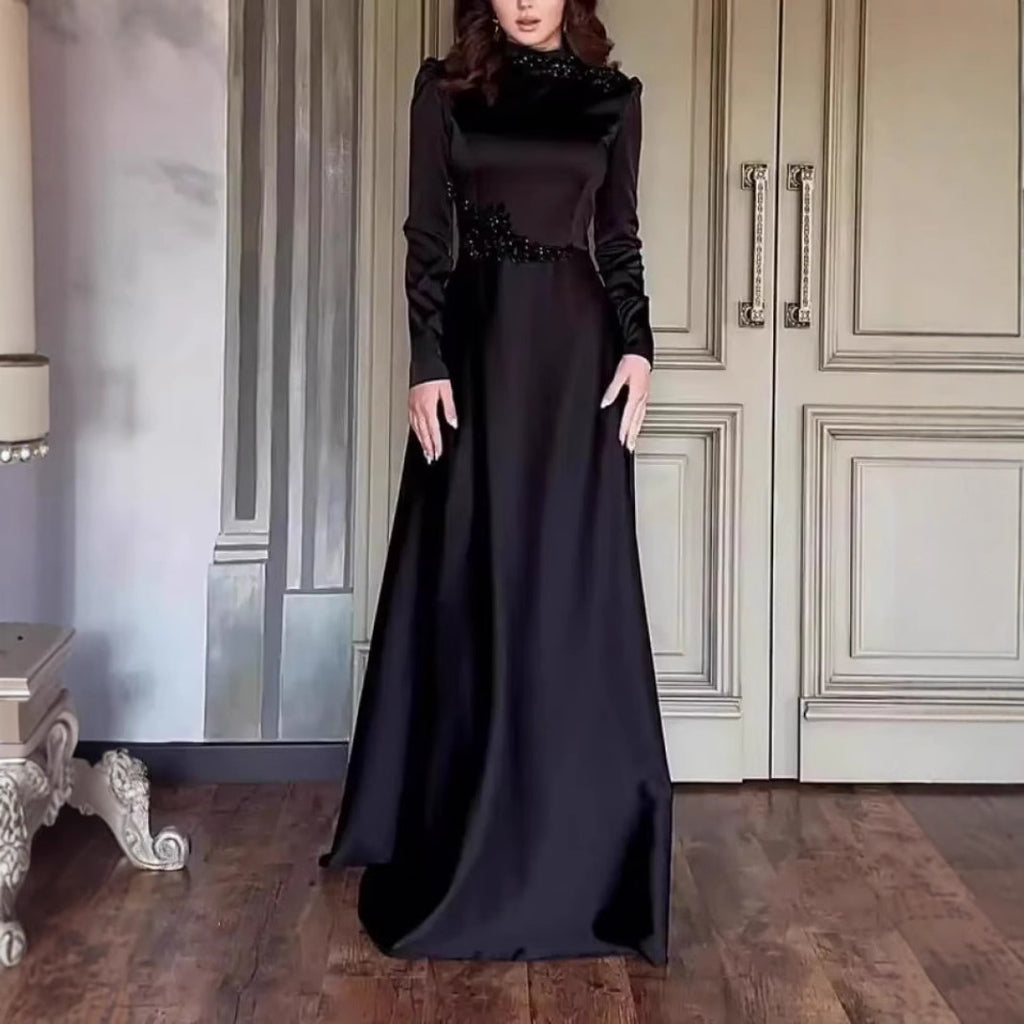 2025 Spring Solid Color Long Sleeve Slim Fit Lace Vintage Elegant Dress Gown 