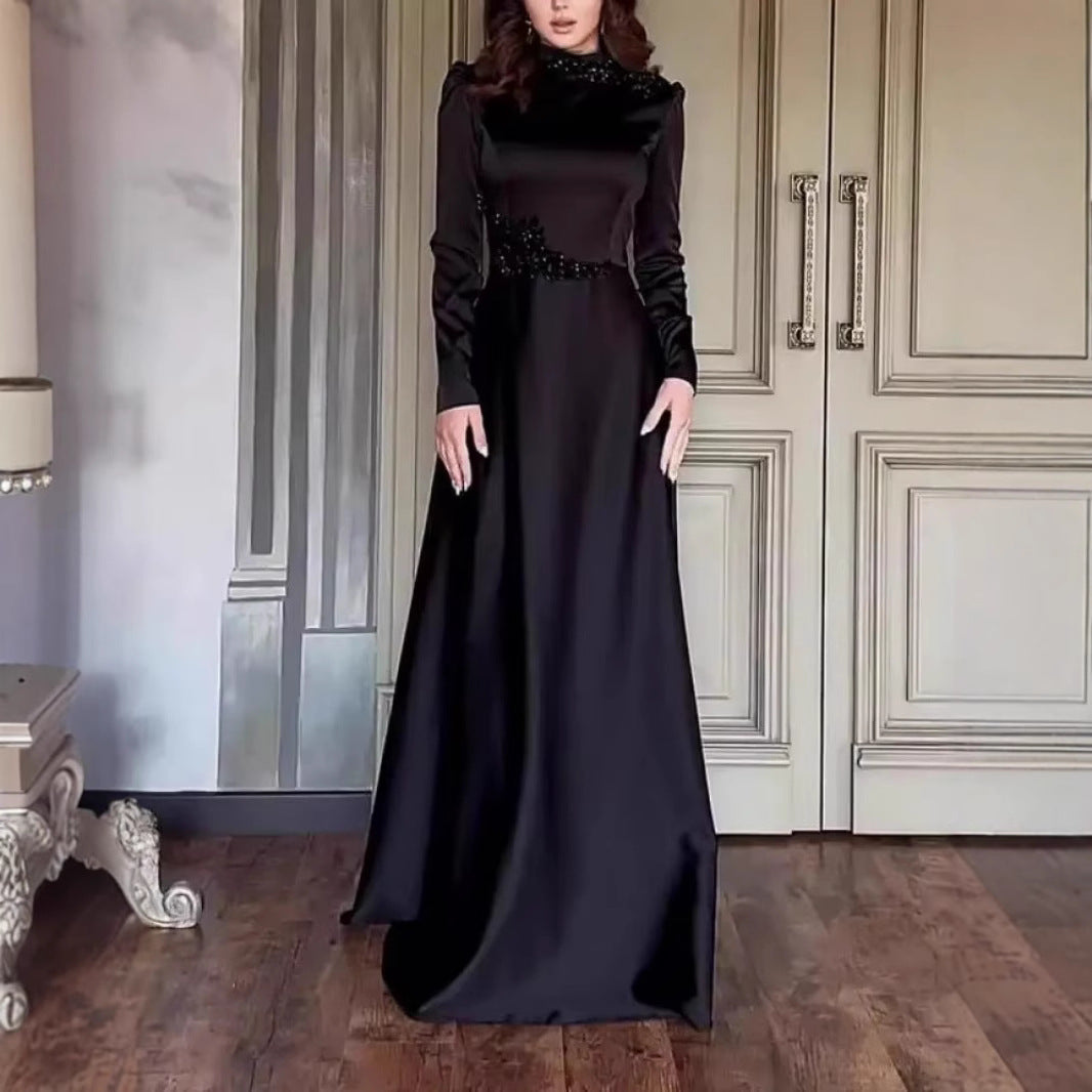 2025 Spring Solid Color Long Sleeve Slim Fit Lace Vintage Elegant Dress Gown