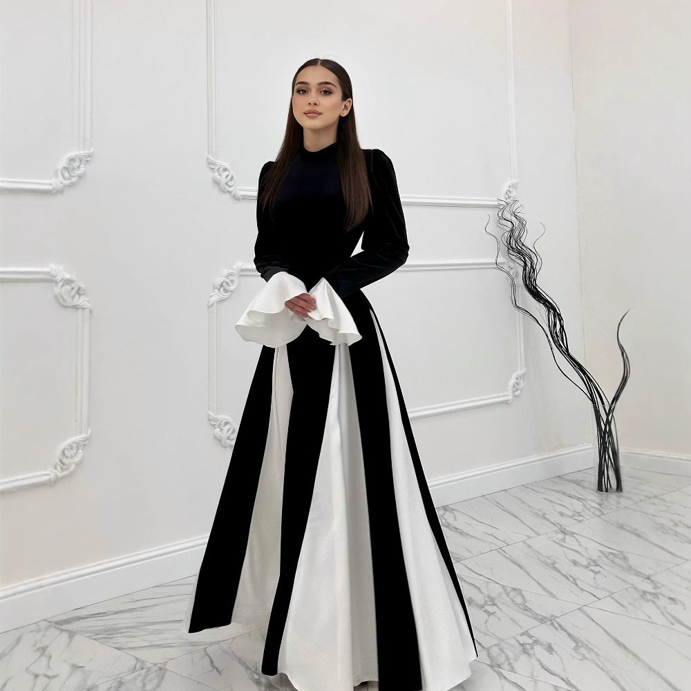 Women's Flared Sleeve Color Block Elegant Waist-Cinching Dress