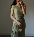 Autumn and winter pleated ribbon shiny evening dress 