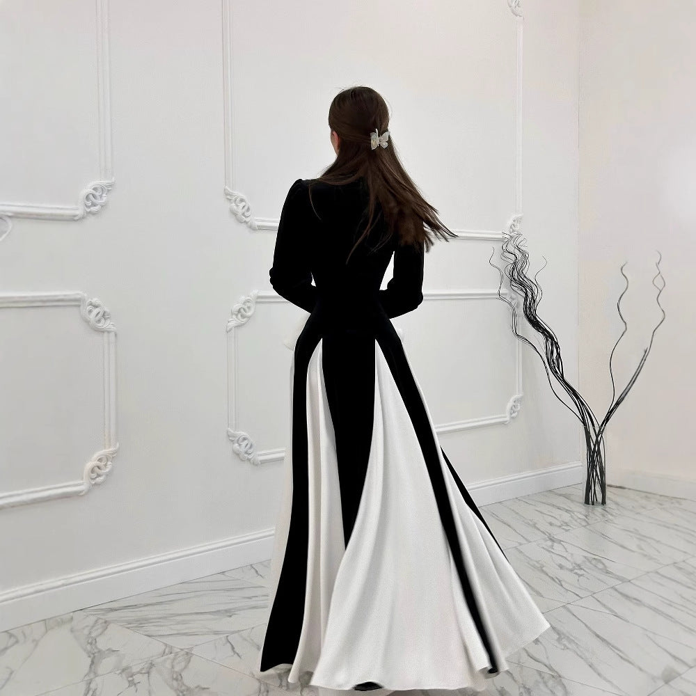 Women's Flared Sleeve Color Block Elegant Waist-Cinching Dress