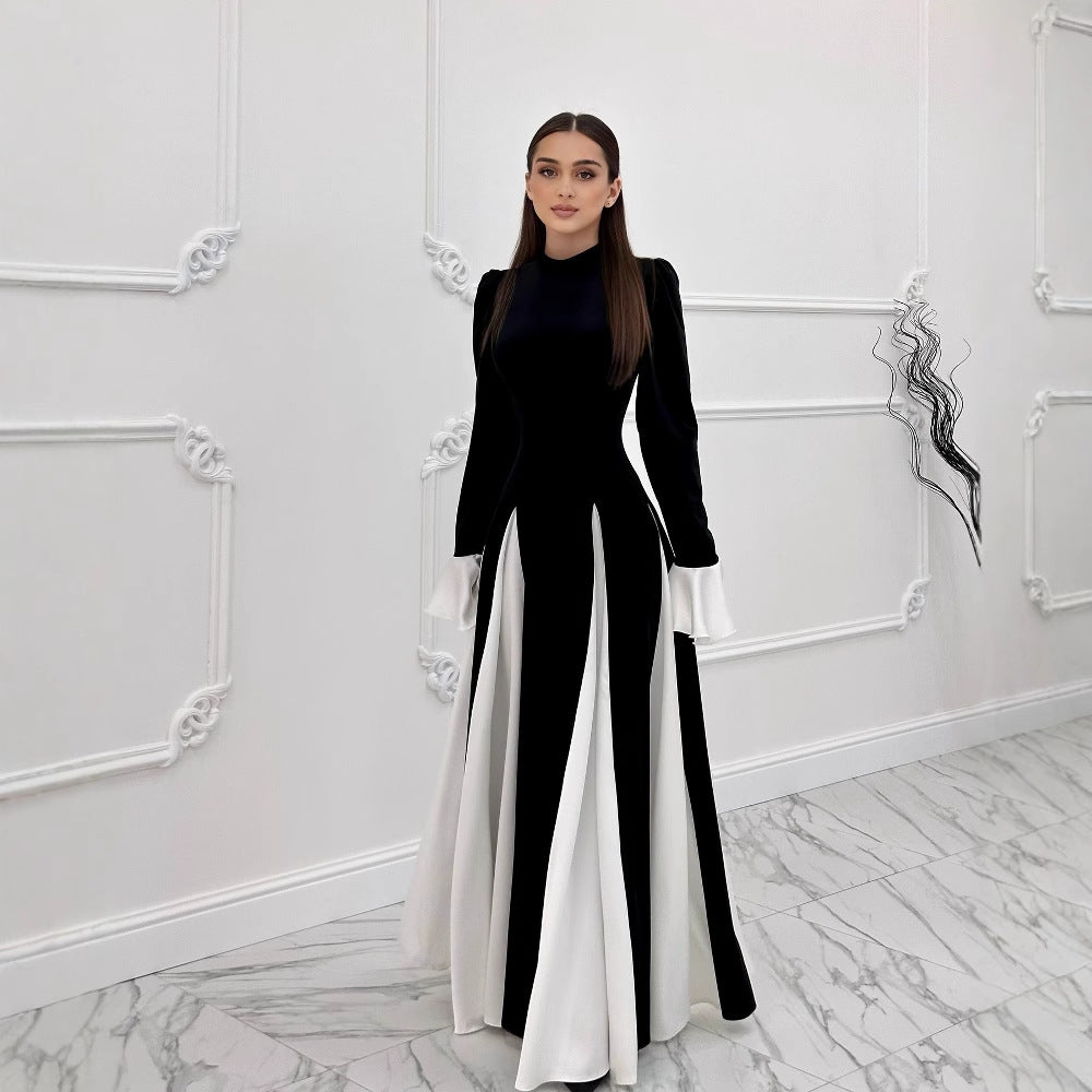 Women's Flared Sleeve Color Block Elegant Waist-Cinching Dress