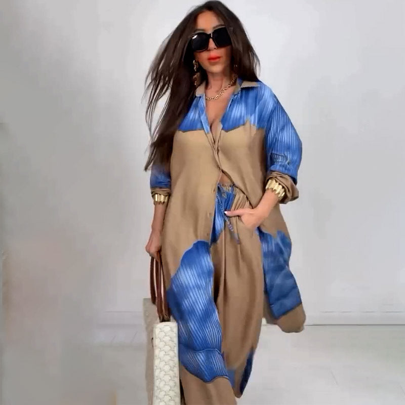 Elegant Sexy Printed Mid-Length Top and Wide-Leg Pants Two-Piece Set