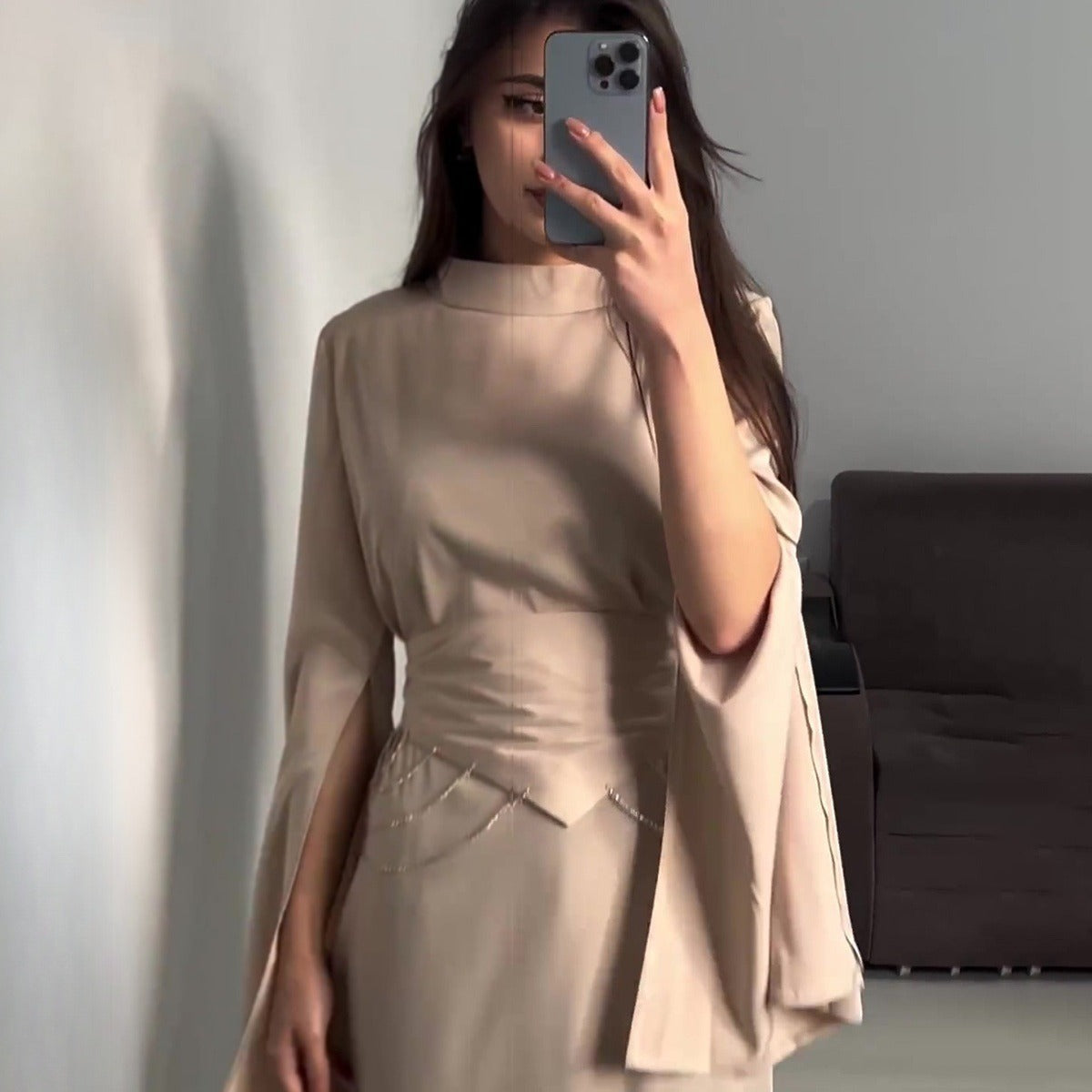 Spring New Cross-Border Palace Style Satin Waist-Cinching Elegant Half-High Collar Long Sleeve Dress