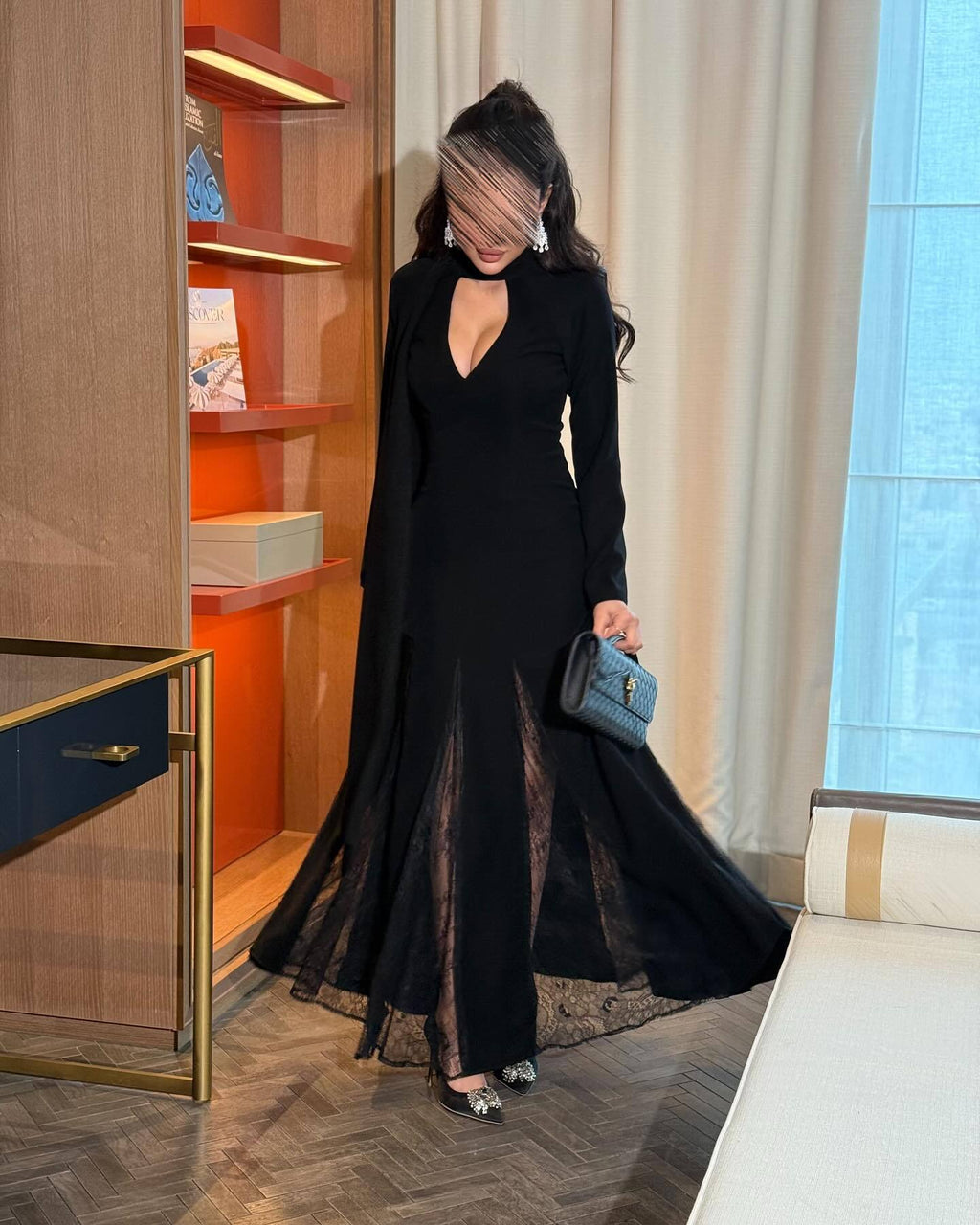 2025 Spring Summer Round Neck Patchwork Lace Long Sleeve Slim Fit Elegant Vintage Dress 
