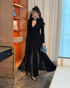 2025 Spring Summer Round Neck Patchwork Lace Long Sleeve Slim Fit Elegant Vintage Dress 