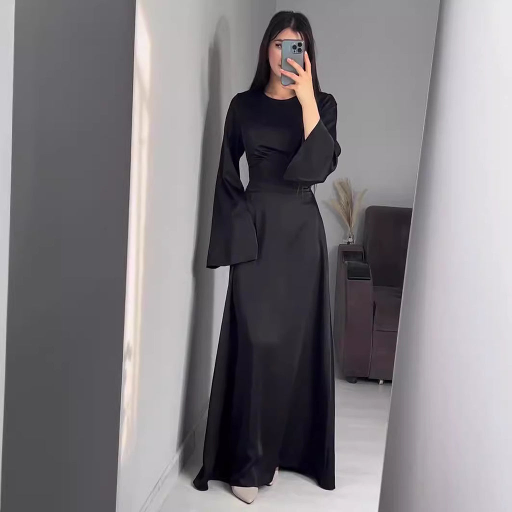 Spring New Waist-Cinching Slimming Tie Solid Color Long Sleeve Long Dress Elegant Women's Dress