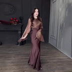 Autumn Patchwork Glass Veil Long Sleeve Satin Slim Dress