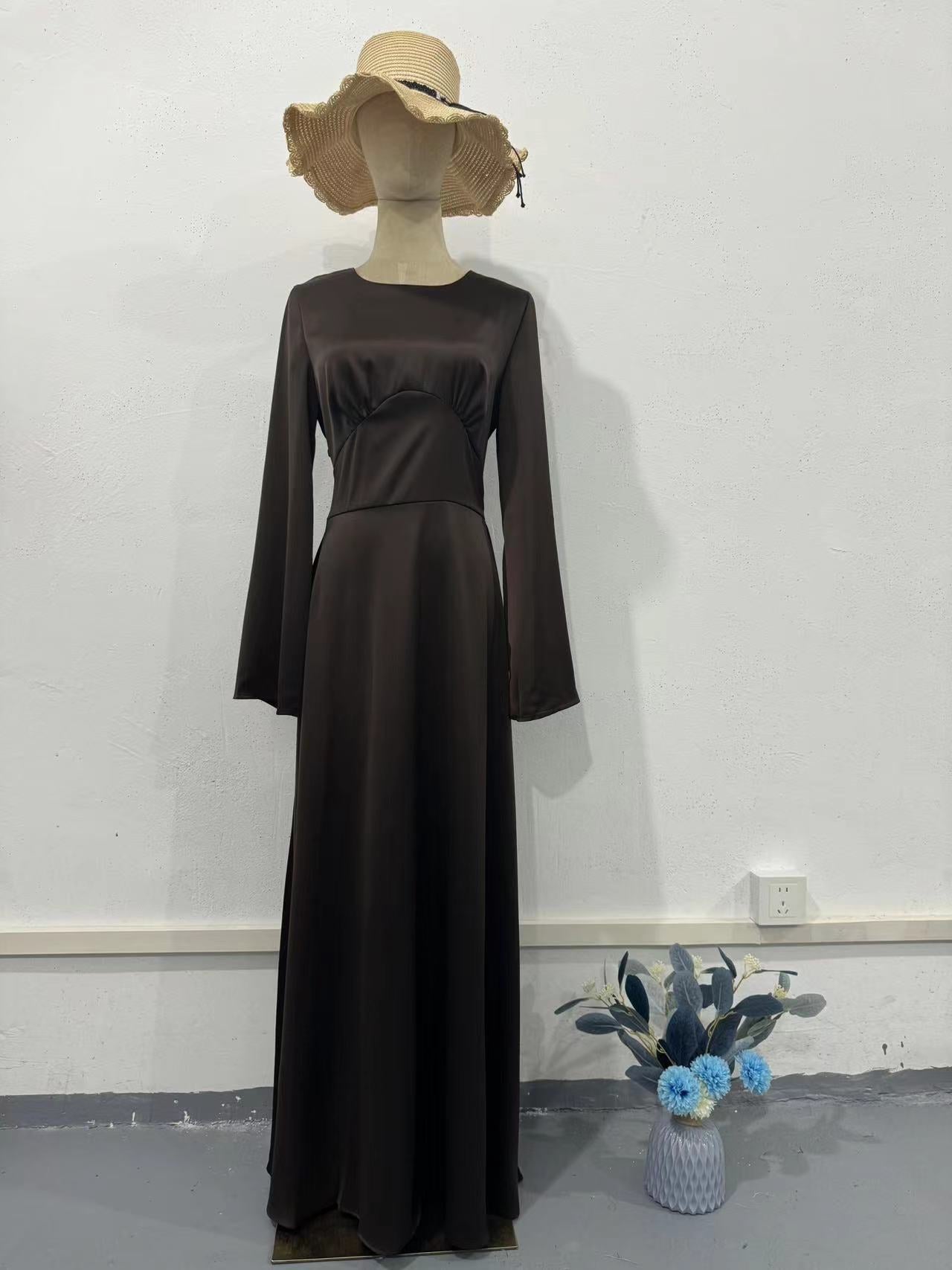 Spring New Waist-Cinching Slimming Tie Solid Color Long Sleeve Long Dress Elegant Women's Dress